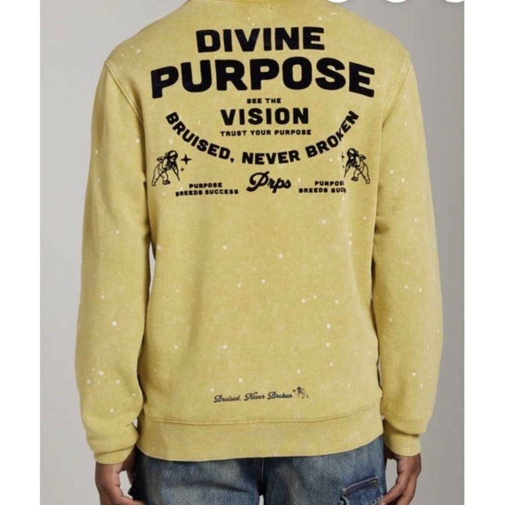 Prps Men's Bond Denim Pocket Crewneck Sweatshirt Acid Wash Mustard‎ Size XL